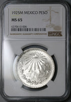 1925 NGC MS 65 Mexico 1 UN Peso Silver Eagle Snake GEM Mint State Coin (22020202C)