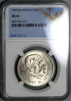 1947 NGC MS 65 Mexico 1 UN Peso Morelos Silver Gem BU Coin (22071002C)