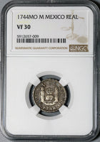 1744 NGC VF 30 Mexico 1 Real Mint Error Spain Pillars Colonial Silver Coin (21011201C)
