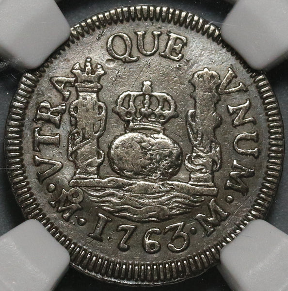1763 NGC XF Det Mexico 1 Real Spain Pillars Colonial Silver Coin (20092401C)