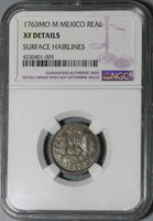 1763 NGC XF Det Mexico 1 Real Spain Pillars Colonial Silver Coin (20092401C)