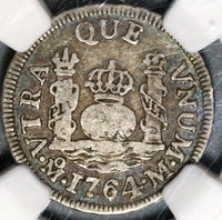 1764 NGC F 15 Mexico 1 Real Spain Pillars Colonial Silver Coin (20062401C)