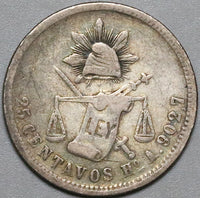 1881-Ho Mexico 25 Centavos VF Hermosillo Mint Rare 19K Silver Coin (23122805C)