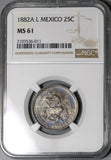 1882-A NGC MS 61 Mexico 25 Centavos Alamos 8k Silver Coin POP 2/0 (22041601C)