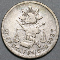 1888-CA  Mexico 25 Centavos Rare Chihuahua Mint Silver 14k Coin (22011502R)