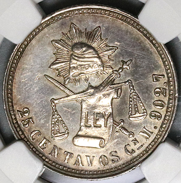 1888-Cn NGC UNC Det Mexico 25 Centavos Rare Culiacan Silver 86k Coin (22011901C)