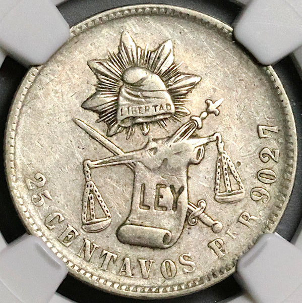 1889-Pi NGC XF 40 Mexico 25 Centavos Potosi Over Mint Mark Pi/Zs Silver Coin (23022403C)