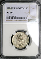 1889-Pi NGC XF 40 Mexico 25 Centavos Potosi Over Mint Mark Pi/Zs Silver Coin (23022403C)