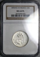 1890-Mo NGC MS 64 PL Mexico 25 Centavos Proof Like 60K Silver Coin (21073002C)