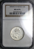 1890-Mo NGC MS 64 PL Mexico 25 Centavos Proof Like 60K Silver Coin (21073002C)