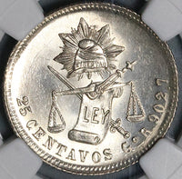 1890-Go NGC MS 64 Mexico 25 Centavos Proof Like Guanajuato Silver Coin (21091901D)