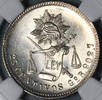 1890-Go NGC MS 64 Mexico 25 Centavos Proof Like Guanajuato Silver Coin (21091901D)
