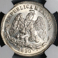 1890-Go NGC MS 64 Mexico 25 Centavos Proof Like Guanajuato Silver Coin (21091901D)