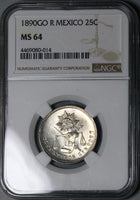 1890-Go NGC MS 64 Mexico 25 Centavos Proof Like Guanajuato Silver Coin (21091901D)