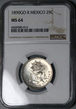 1890-Go NGC MS 64 Mexico 25 Centavos Proof Like Guanajuato Silver Coin (21091901D)