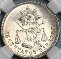 1890-Go NGC MS 65 Mexico 25 Centavos Highly Lustrous Silver Coin (18082303C)