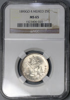 1890-Go NGC MS 65 Mexico 25 Centavos Highly Lustrous Silver Coin (18082303C)