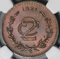 1921 NGC MS 64 BN Mexico 2 Centavos Mint State Coin (22070402C)