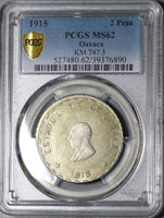 1915 PCGS MS 62 Oaxaca 2 Dos Pesos Mexico Revolution Silver Coin (20060601C)