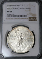 1921 NGC AU 58 Mexico 2 Dos Pesos Independence Centennial Silver Coin (22011902C