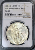 1921 NGC MS 62 Mexico 2 Dos Pesos Independence Centennial Silver Coin (19091203C)