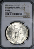 1921 NGC MS 63 Mexico 2 Dos Pesos Independence Centennial Silver Coin (20122801D)
