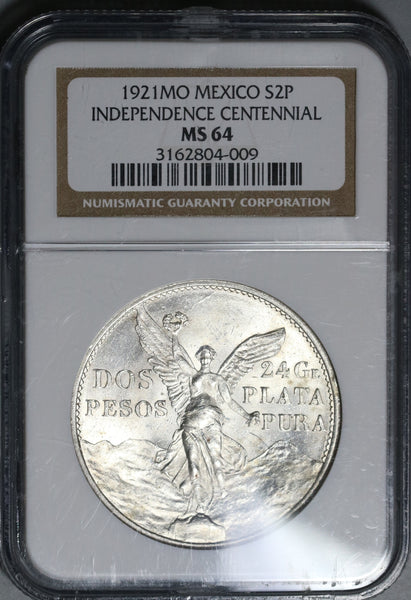 1921 NGC MS 64 Mexico 2 Dos Pesos Independence Centennial Silver