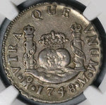 1748 NGC AU 53 Mexico 2 Reales Ferdinand VI Spain Colony Pillars Globes Silver Coin (21121102C)