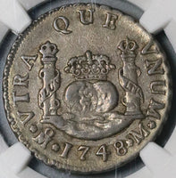 1748 NGC AU 53 Mexico 2 Reales Ferdinand VI Spain Colony Pillars Globes Silver Coin (21121102C)