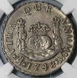 1748 NGC AU 53 Mexico 2 Reales Ferdinand VI Spain Colony Pillars Globes Silver Coin (21121102C)