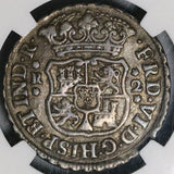 1748 NGC AU 53 Mexico 2 Reales Ferdinand VI Spain Colony Pillars Globes Silver Coin (21121102C)
