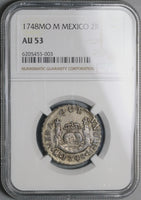 1748 NGC AU 53 Mexico 2 Reales Ferdinand VI Spain Colony Pillars Globes Silver Coin (21121102C)