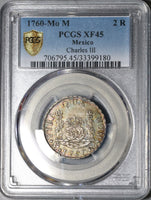 1760 PCGS XF 45 Mexico 2 Reales Chales III Pillars Globes Silver Coin (20081302C)