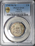 1760 PCGS XF 45 Mexico 2 Reales Chales III Pillars Globes Silver Coin (20081302C)
