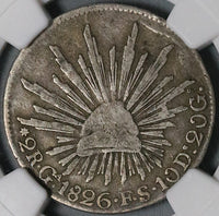 1826-Ga NGC F 12 Mexico 2 Reales Guadalajara Cap Rays Silver Coin (21102703C)