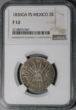 1826-Ga NGC F 12 Mexico 2 Reales Guadalajara Cap Rays Silver Coin (21102703C)