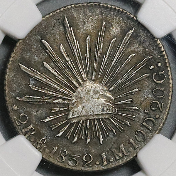 1832-Mo NGC VF Det Mexico City 2 Reales Cap Rays Silver Rare Coin (21111303C)