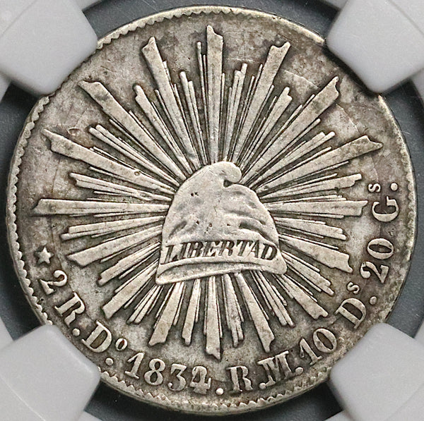1834/2-Do NGC VF 25 Mexico 2 Reales Durango Mint Overdate Silver Coin (21100901C)