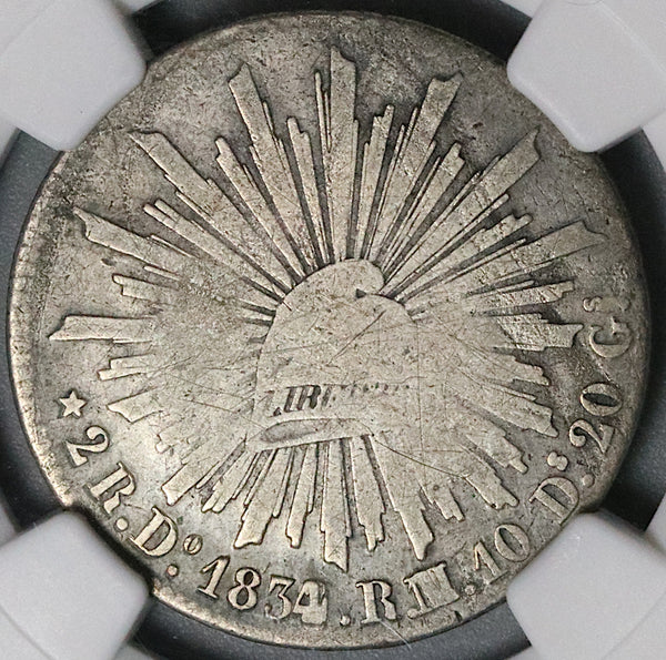 1834/2-Do NGC G 6 Mexico 2 Reales Durango Cap Rays Coin POP 1/3 (22102801C)