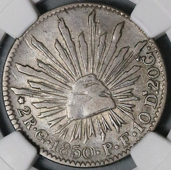 1850-Go NGC VF 30 Mexico 2 Reales Guanajuato Cap Rays Silver Coin (21102707C)