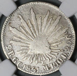 1851-GC NGC F 12 Mexico 2 Reales Guadalupe Calvo Rare Mint Silver Coin (22040401C)