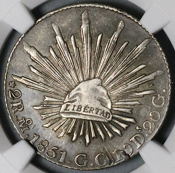 1851-Mo NGC AU Det Mexico City 2 Reales Rare Cap Rays Silver Coin (21100904C)