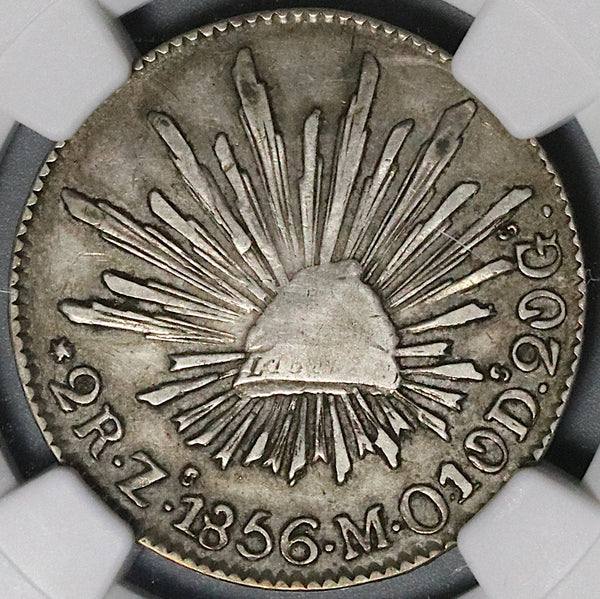 1856-Zs NGC VF 25 Mexico 2 Reales Zacatecas Cap Rays Silver Coin (21102706C)
