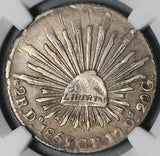 1859/8-Do NGC VF Mexico 2 Reales Cap Rays Durango Mint Overdate Rare Silver Coin Pop 2/0 (22011602C)