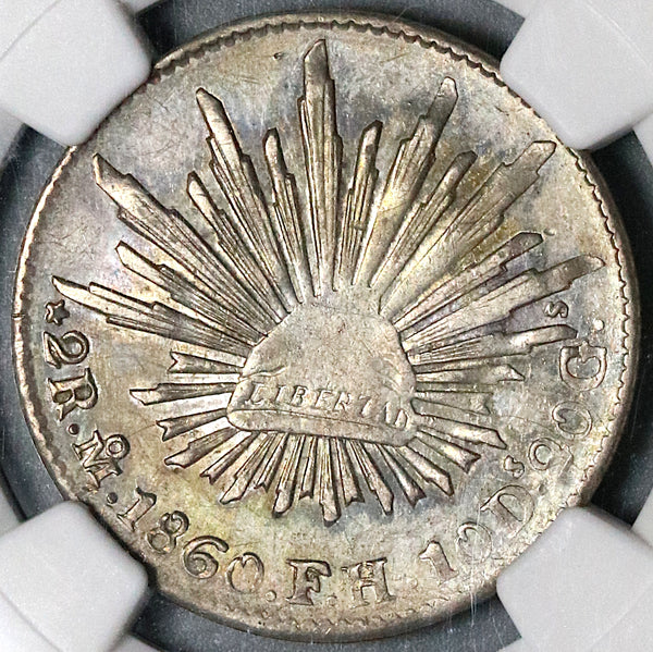 1860-Mo NGC AU 53 Mexico City 2 Reales Cap Rays Silver Coin (22011202C)