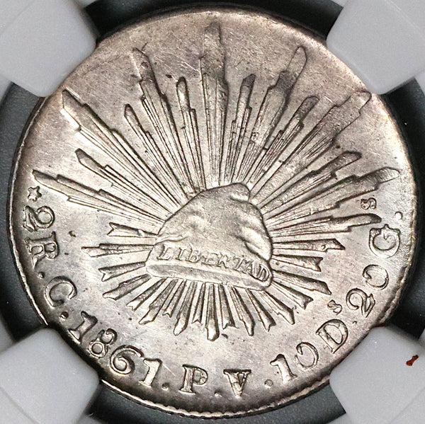 1861-C NGC AU 55 Mexico 2 Reales Culiacan Cap Rays Silver Coin POP 1/3 (21112201C)