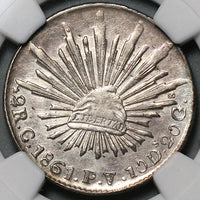 1861-C NGC AU 55 Mexico 2 Reales Culiacan Cap Rays Silver Coin POP 1/3 (21112201C)
