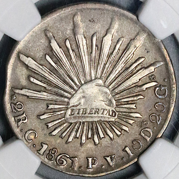 1861-C NGC XF 40 Mexico 2 Reales Culiacan Cap Rays Silver Coin (21111304C)