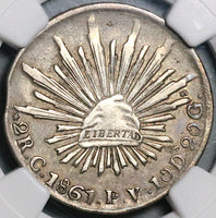 1861-C NGC XF 40 Mexico 2 Reales Culiacan Cap Rays Silver Coin (21111304C)