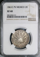 1861-C NGC XF 40 Mexico 2 Reales Culiacan Cap Rays Silver Coin (21111304C)